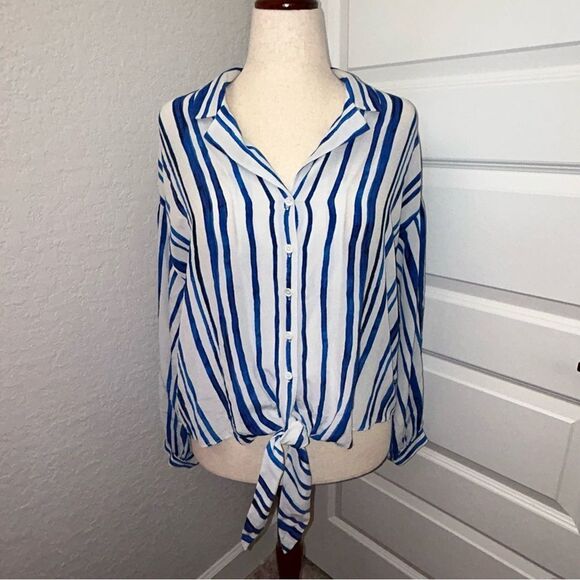 Soft Surroundings Stripe Print Button Down Tie Knot Long Sleeve Blouse Shirt Top - Picture 1 of 11